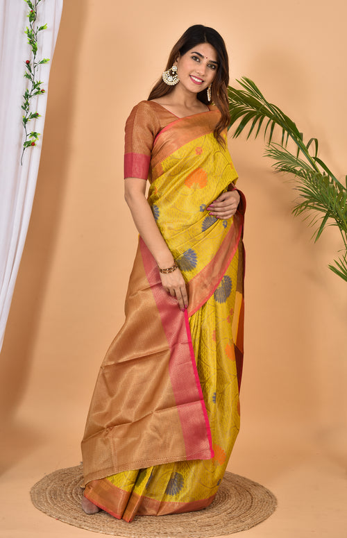 Yellow with pink border Banarasi Silk Zari Woven saree