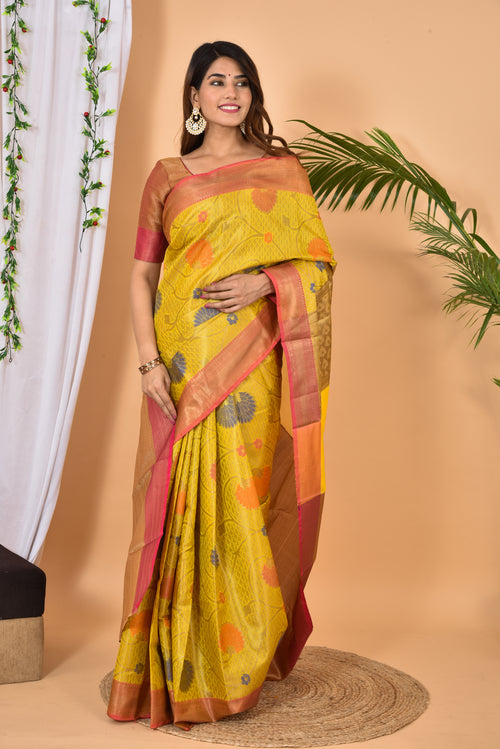 Yellow with pink border Banarasi Silk Zari Woven saree