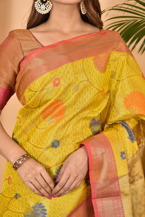 Yellow with pink border Banarasi Silk Zari Woven saree
