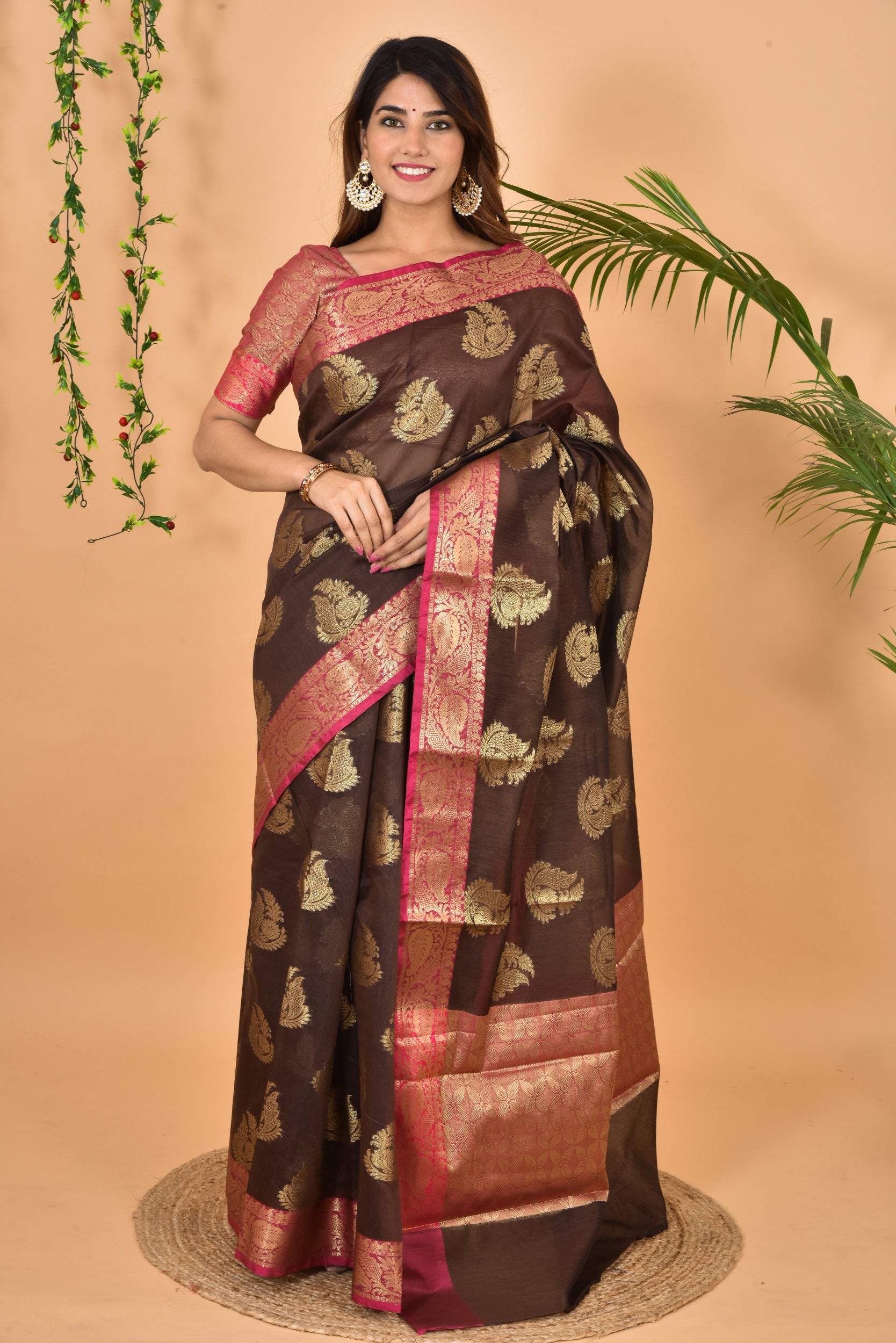Brown - Mustard Yellow Banarasi Silk Zari Weave Stitched Blouse