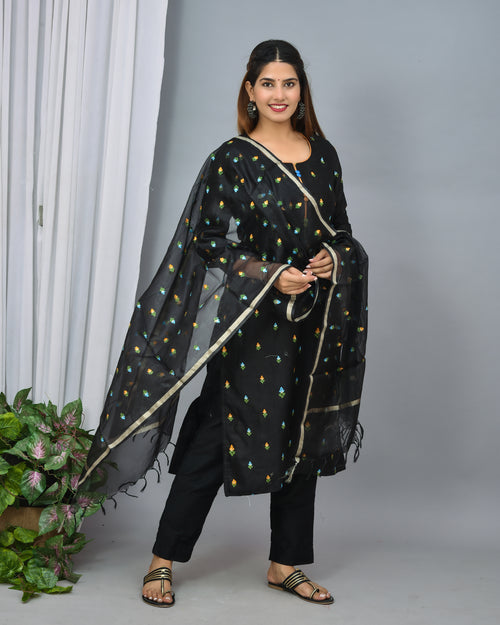 Black Color Soft Silk Embroidery With Organza Silk Dupatta
