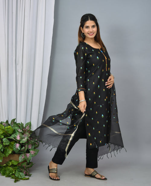 Black Color Soft Silk Embroidery With Organza Silk Dupatta
