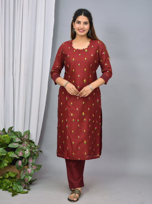 Maroon color silk suit with embroidery n organza dupatta