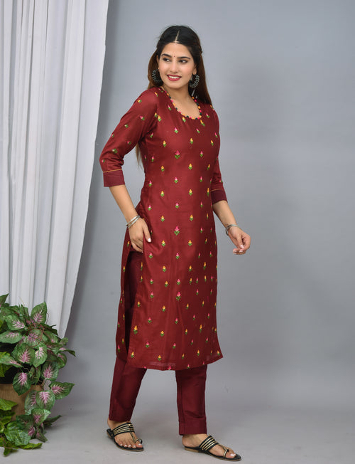 Maroon color silk suit with embroidery n organza dupatta
