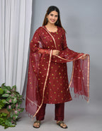 Maroon color silk suit with embroidery n organza dupatta