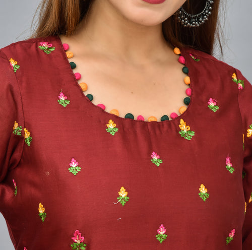 Maroon color silk suit with embroidery n organza dupatta