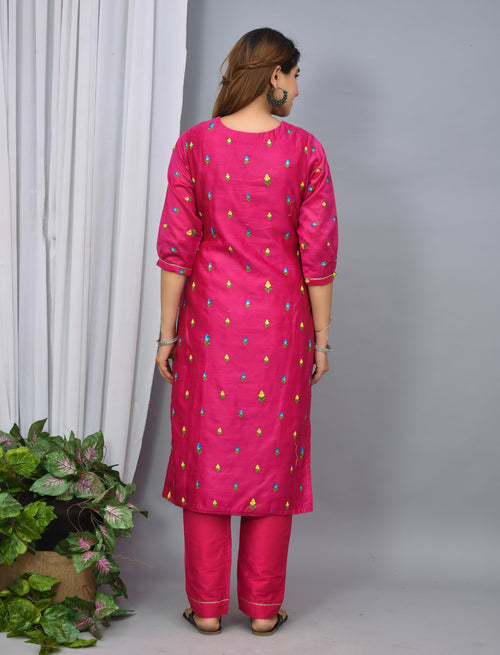 Rani color silk suit embroidery organza dupatta