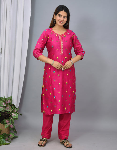 Rani color silk suit embroidery organza dupatta