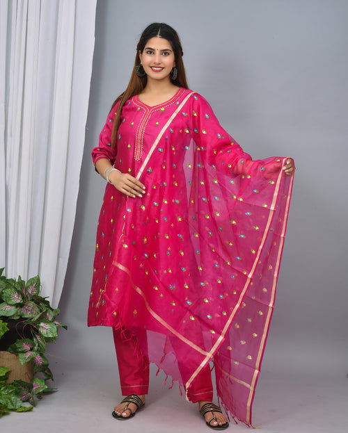 Rani color silk suit embroidery organza dupatta