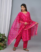 Rani color silk suit embroidery organza dupatta