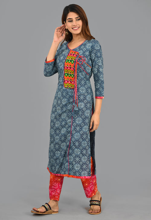 Designer Indigo Beautiful Cotton Suit With Kota Dupatta