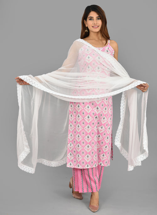 Pink Cotton Suit With Pure Chiffon Crochet Lace Dupatta