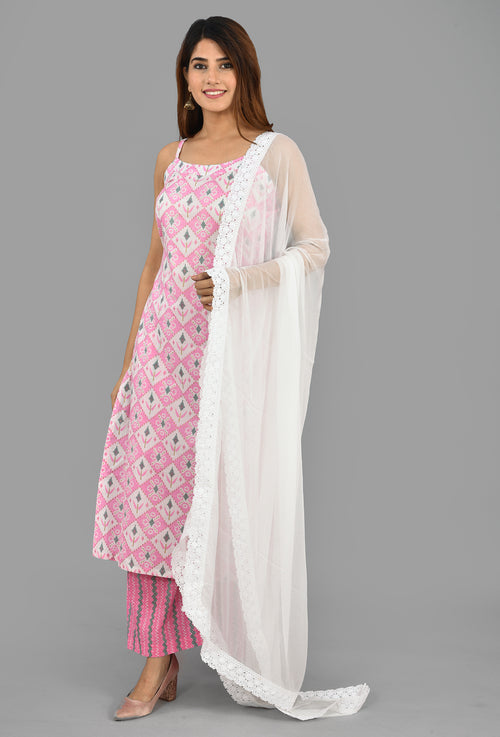 Pink Cotton Suit With Pure Chiffon Crochet Lace Dupatta