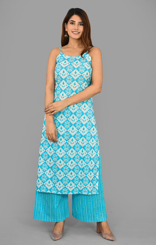 Sky Blue Cotton Suit With Pure Chiffon Crochet Lace Dupatta