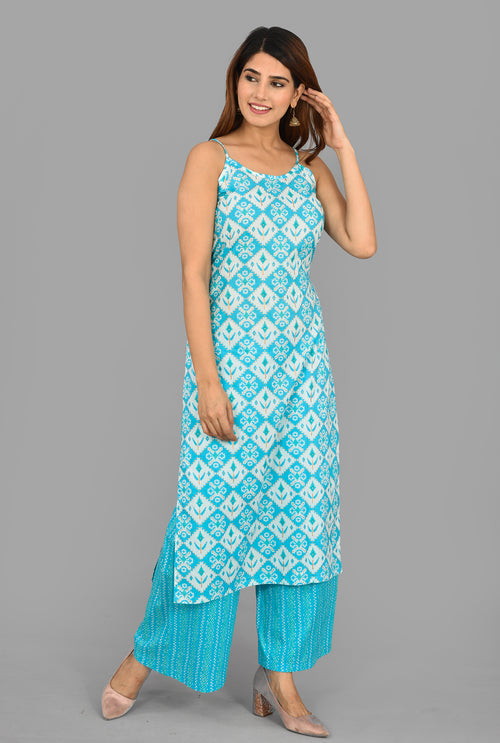 Sky Blue Cotton Suit With Pure Chiffon Crochet Lace Dupatta
