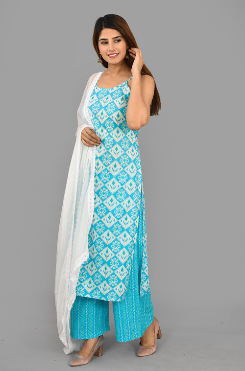 Sky Blue Cotton Suit With Pure Chiffon Crochet Lace Dupatta