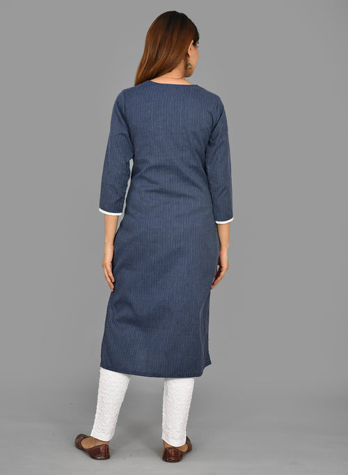 Blue Cotton Katha Work Top And Lycra Pant Set