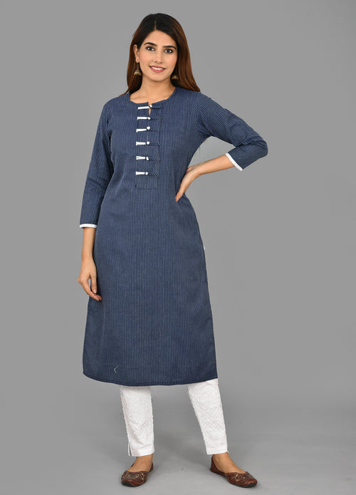 Blue Cotton Katha Work Top And Lycra Pant Set