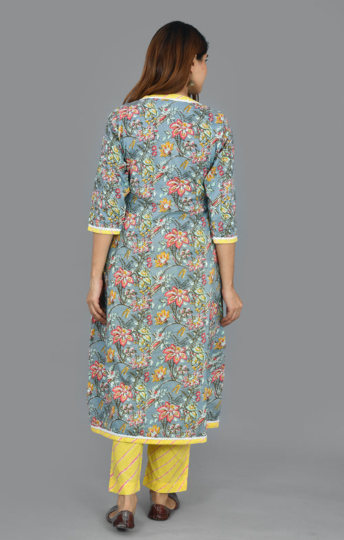 Carolina Blue Cotton Block Print Top And Bottom Set