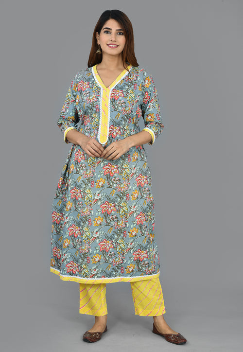 Carolina Blue Cotton Block Print Top And Bottom Set