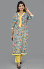 Carolina Blue Cotton Block Print Top And Bottom Set