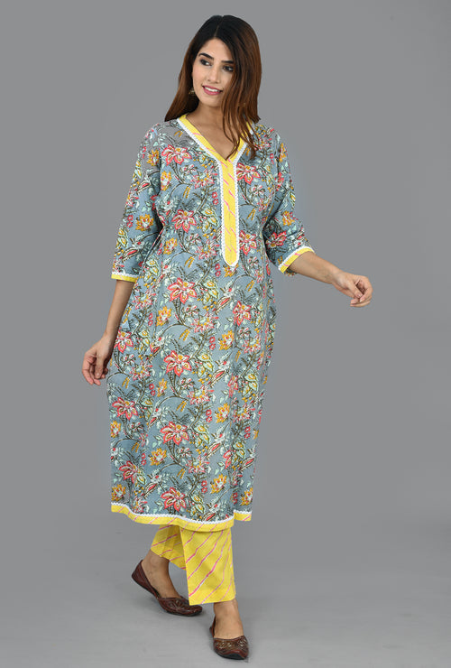 Carolina Blue Cotton Block Print Top And Bottom Set
