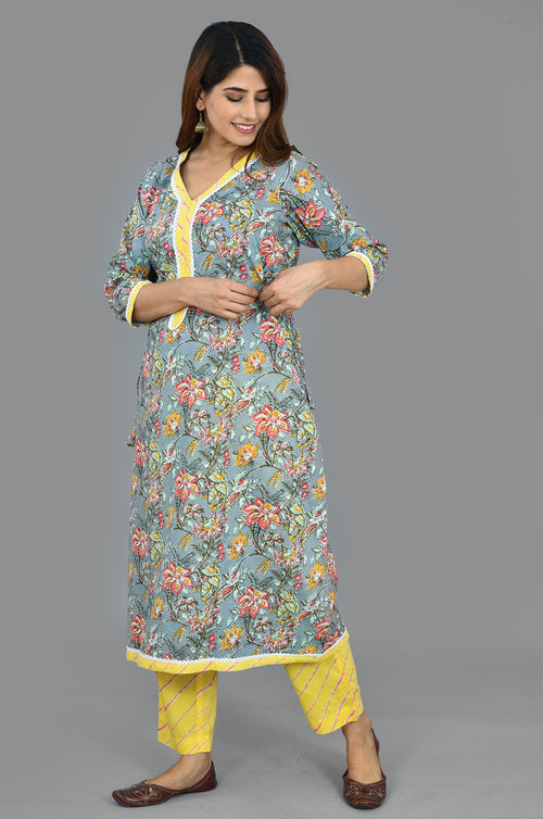 Carolina Blue Cotton Block Print Top And Bottom Set