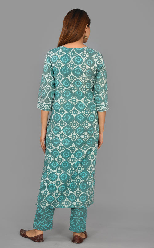 Pastel Green Cotton Dabu Print Vegetable Dye Top And Bottom Set