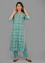 Pastel Green Cotton Dabu Print Vegetable Dye Top And Bottom Set