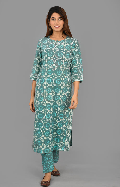 Pastel Green Cotton Dabu Print Vegetable Dye Top And Bottom Set