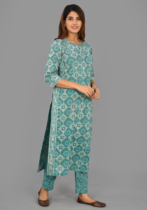 Pastel Green Cotton Dabu Print Vegetable Dye Top And Bottom Set