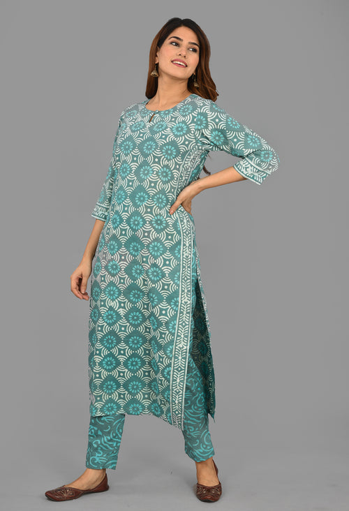 Pastel Green Cotton Dabu Print Vegetable Dye Top And Bottom Set