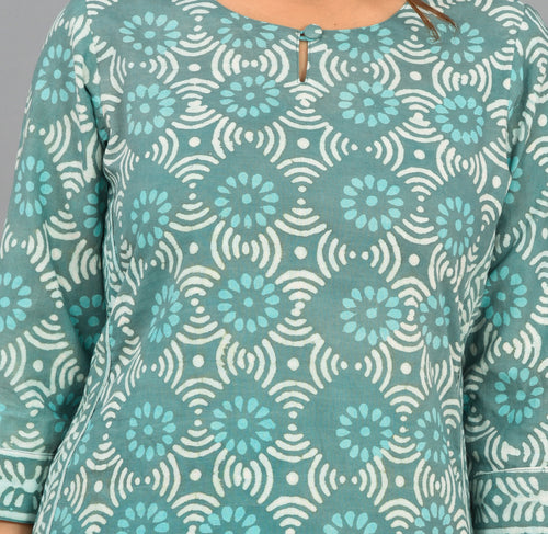Pastel Green Cotton Dabu Print Vegetable Dye Top And Bottom Set