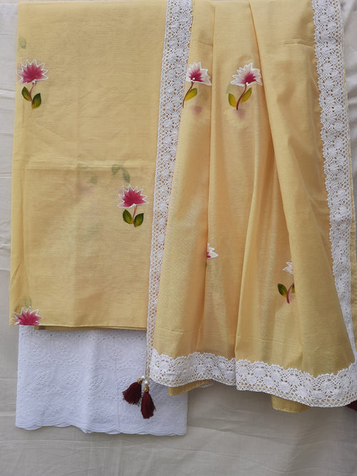 Lemon yellow hand painted soft silk suits