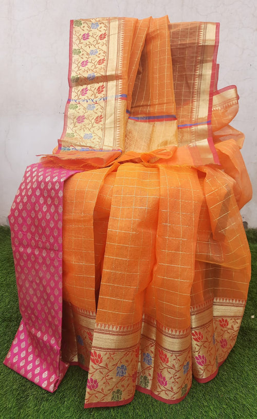 Beautiful Organza With Heavy Border Orange Pink Combination Saree With Blouse