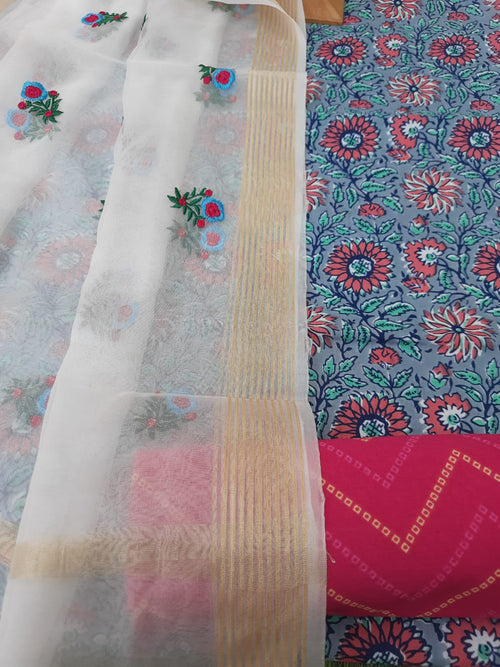 LIGHT GREY COLOR COTTON SUIT WITH ORGANZA DUPATTA