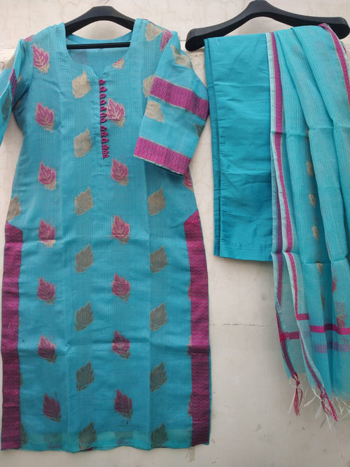 SKY BLUE KOTA DORIYA SUITS WITH KOTA DORIYA ZARI WEAVING & RESHAM BORDER DUPATTA