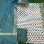 White with green buta chanderi hand block Print Suit