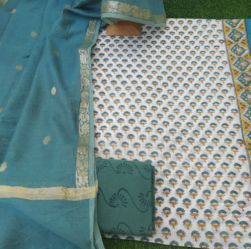 White with green buta chanderi hand block Print Suit