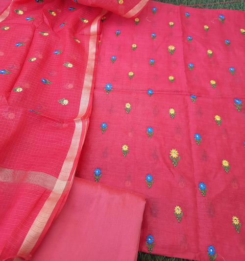 Soft silk embroidery suit with kota dupatta