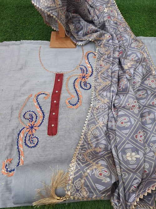 Grey color Chanderi silk aari work With creap silk patola dupatta