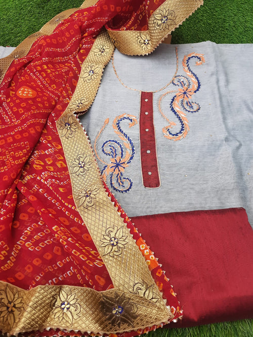 Grey color soft Chanderi silk Aari Work Suit With bandhej Dupatta