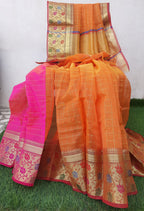 Peach color Organza With Heavy Border Pink Combination Saree With Blouse