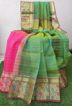 Turquoise green Organza With Heavy Border  Pink Combination Saree With Blouse
