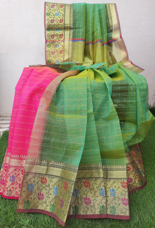 Turquoise green Organza With Heavy Border  Pink Combination Saree With Blouse