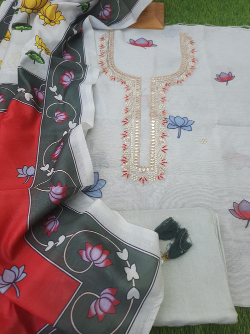 Beige color muslin silk fabric with digital print suit