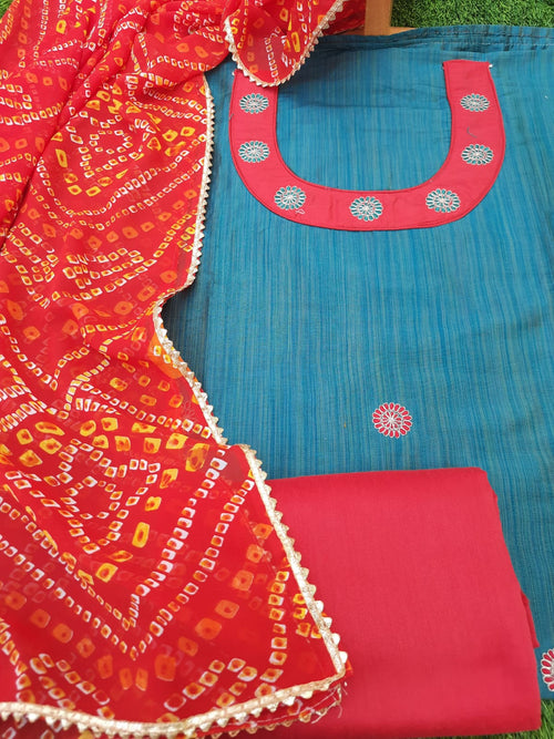 Rama Green Metro Silk Embroidery Work Suits With Red Bandhej Dupatta