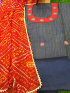 Blue Metro Silk Embroidery Work Suits With Red Bandhej Dupatta