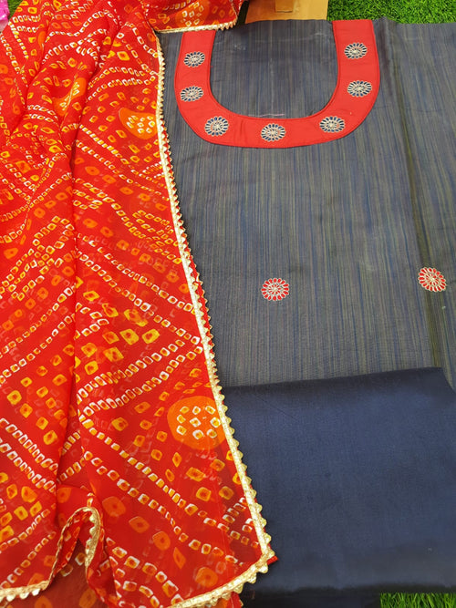 Blue Metro Silk Embroidery Work Suits With Red Bandhej Dupatta