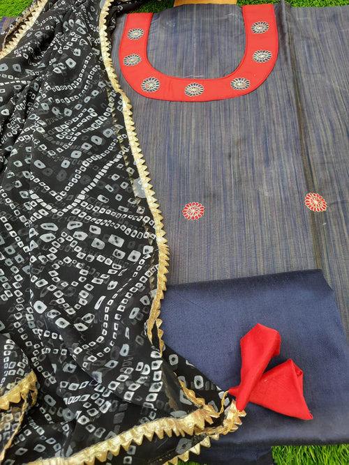 Grey Metro Silk Embroidery Work Suits With Bandhej Dupatta